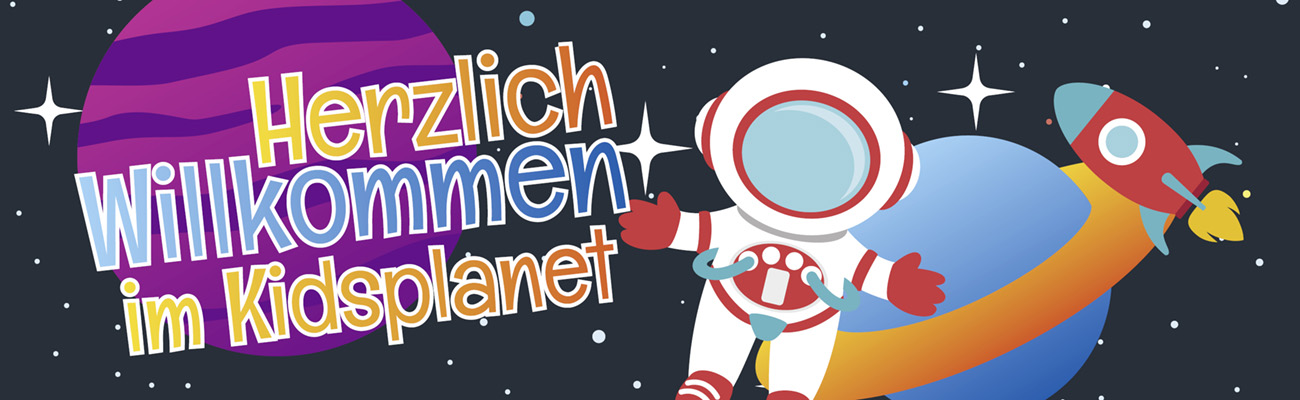 Herzlich Willkommen im Kids Planet! Auf dem Bild siehst Du zwei Planeten, einen Astronaut und eine Rakete vor dunklem Hintergrund mit Sternen.