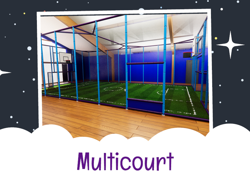 Multicourt. Ein Multifunktionsfeld mit Toren und Basketballkörben, das an allen Seiten und oben von Netzen umgeben ist.